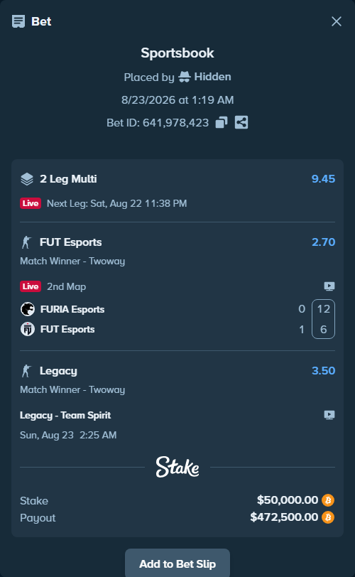 Bet slip: Legacy - Team Spirit, $49,902.73 stake at 3.50 odds, placed by Hidden