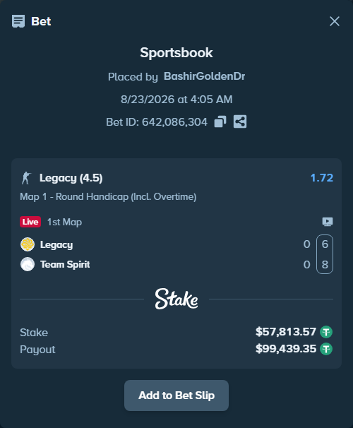 Bet slip: Legacy - Team Spirit, $57,813.57 stake at 1.72 odds, placed by BashirGoldenDr