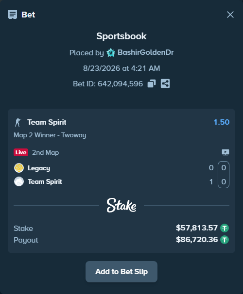 Bet slip: Legacy - Team Spirit, $57,813.57 stake at 1.50 odds, placed by BashirGoldenDr