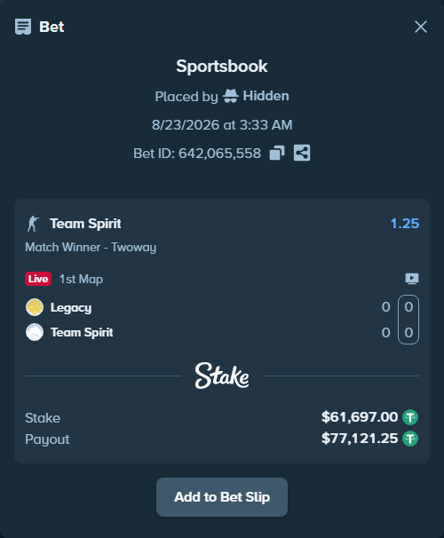 Bet slip: Legacy - Team Spirit, $61,697.00 stake at 1.25 odds, placed by Hidden