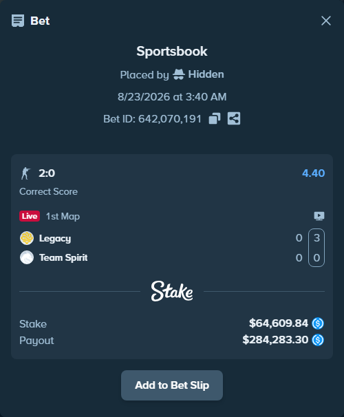 Bet slip: Legacy - Team Spirit, $64,609.84 stake at 4.40 odds, placed by Hidden