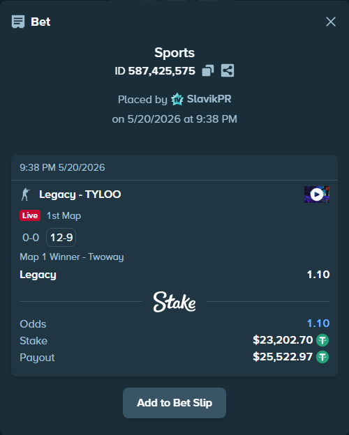 Bet slip: Legacy - TYLOO, $23,225.90 stake at 1.10 odds, placed by SlavikPR