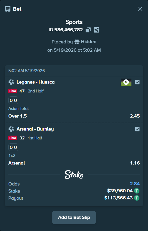 Bet slip: Leganes - Huesca, $40,000.00 stake at 2.45 odds, placed by Hidden