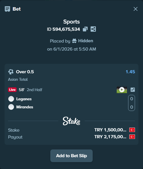 Bet slip: Leganes - Mirandes, $45,000.00 stake at 1.45 odds, placed by Hidden