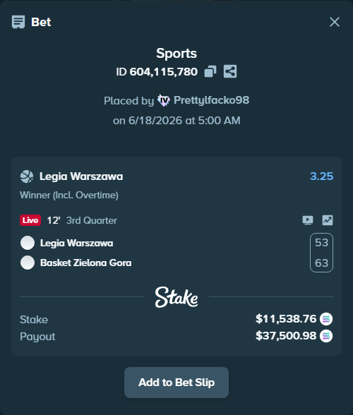 Bet slip: Legia Warszawa - Basket Zielona Gora, $11,364.05 stake at 3.25 odds, placed by Prettylfacko98