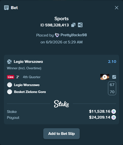 Bet slip: Legia Warszawa - Basket Zielona Gora, $12,516.52 stake at 2.10 odds, placed by Prettylfacko98