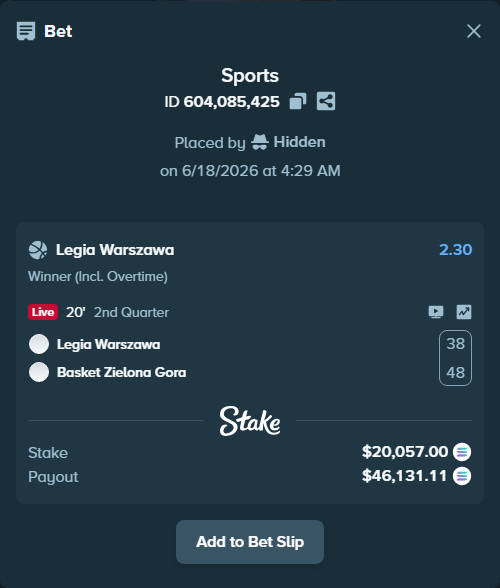 Bet slip: Legia Warszawa - Basket Zielona Gora, $19,493.59 stake at 2.30 odds, placed by Prettylfacko98