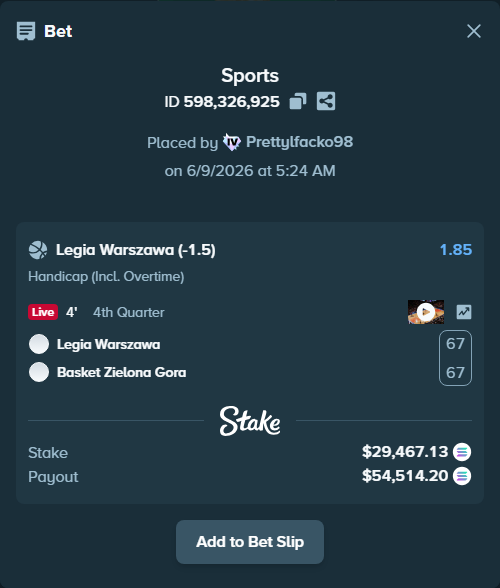 Bet slip: Legia Warszawa - Basket Zielona Gora, $31,993.47 stake at 1.85 odds, placed by Prettylfacko98