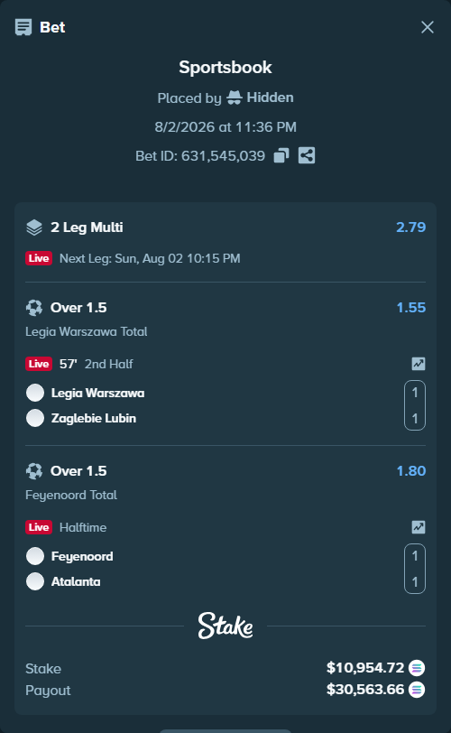 Bet slip: Legia Warszawa - Zaglebie Lubin, $10,922.21 stake at 1.55 odds, placed by Hidden