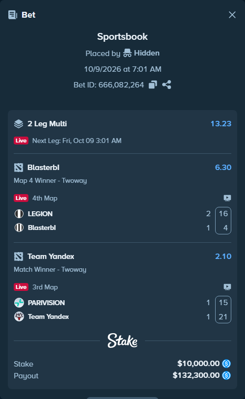 Bet slip: LEGION - BlasterbI, $10,000.00 stake at 6.30 odds, placed by Hidden