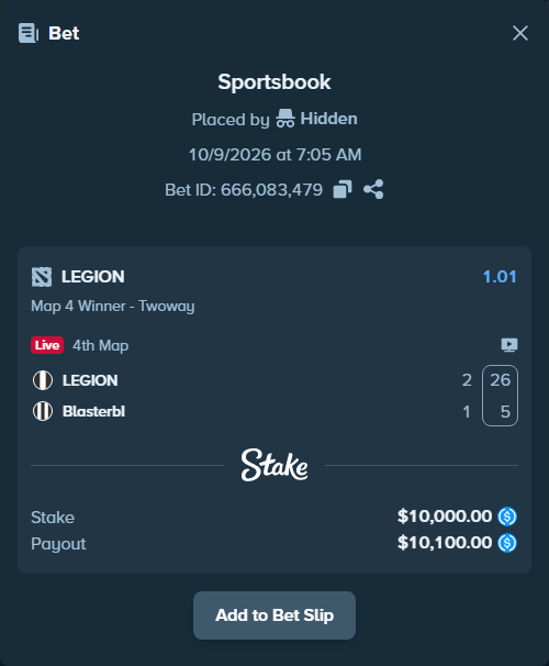 Bet slip: LEGION - BlasterbI, $10,000.00 stake at 1.01 odds, placed by Hidden
