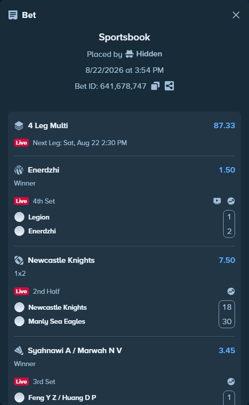 Bet slip: Legion-Pro - Enerdzhi, $10,000.00 stake at 1.50 odds, placed by Hidden