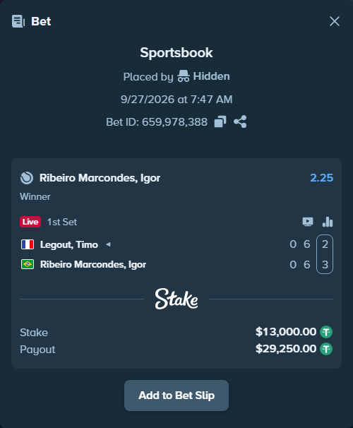 Bet slip: Legout, Timo - Marcondes, Igor, $13,000.00 stake at 2.25 odds, placed by Zackocracko26