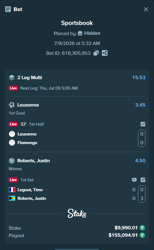 Bet slip: Legout, Timo - Roberts, Justin, $10,000.00 stake at 4.50 odds, placed by Hidden