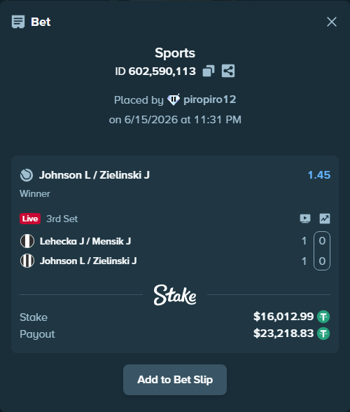 Bet slip: Lehecka J / Mensik J - Johnson L / Zielinski J, $16,029.00 stake at 1.45 odds, placed by piropiro12