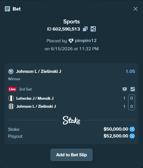 Bet slip: Lehecka J / Mensik J - Johnson L / Zielinski J, $50,000.00 stake at 1.05 odds, placed by piropiro12