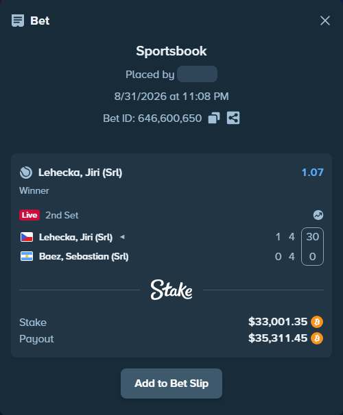Bet slip: Lehecka, Jiri (Srl) - Baez, Sebastian (Srl), $33,173.07 stake at 1.07 odds, placed by messrjaysr