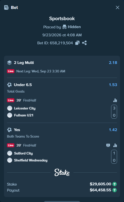 Bet slip: Leicester City - Fulham FC U21, $29,605.00 stake at 1.53 odds, placed by Hidden
