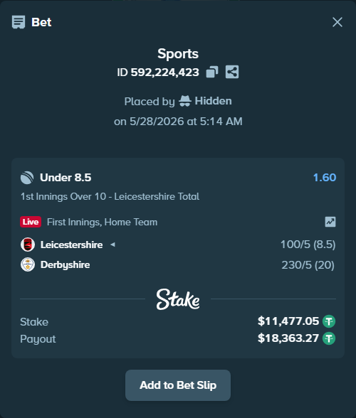 Bet slip: Leicestershire - Derbyshire, $11,500.00 stake at 1.60 odds, placed by Hidden