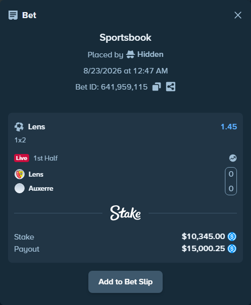Bet slip: Lens - Auxerre, $10,345.00 stake at 1.45 odds, placed by Hidden