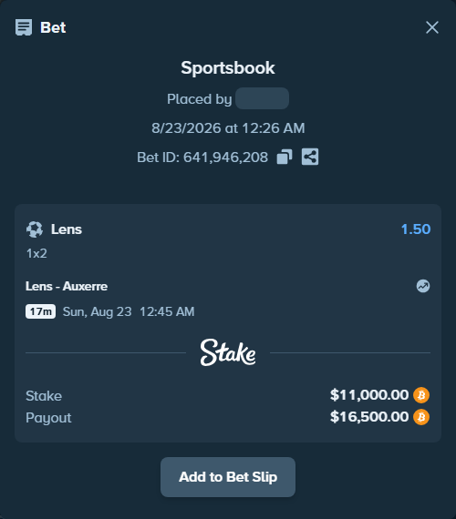 Bet slip: Lens - Auxerre, $10,993.81 stake at 1.50 odds, placed by Hallfkh