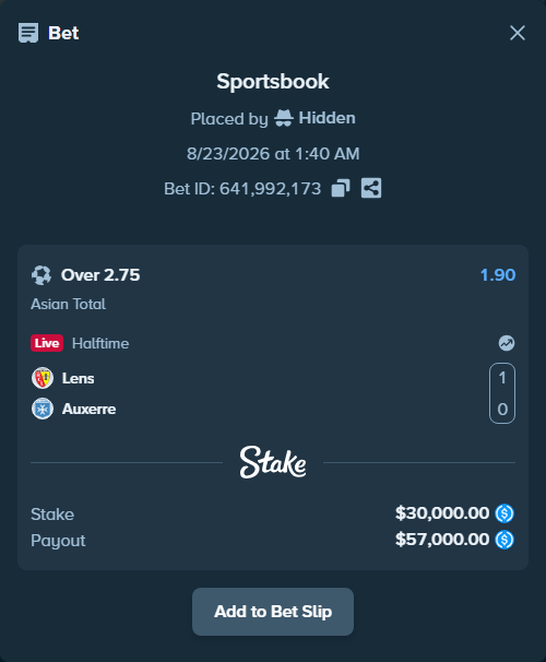 Bet slip: Lens - Auxerre, $30,000.00 stake at 1.90 odds, placed by Hidden