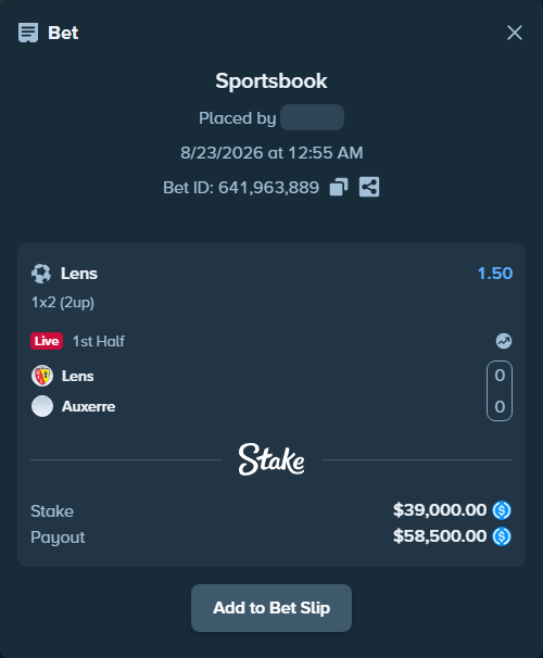 Bet slip: Lens - Auxerre, $39,000.00 stake at 1.50 odds, placed by Oen1