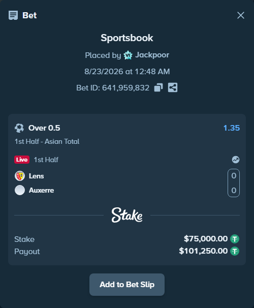 Bet slip: Lens - Auxerre, $75,000.00 stake at 1.35 odds, placed by Jackpoor