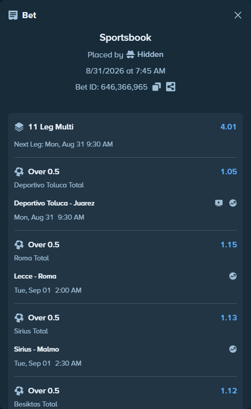 Bet slip: Lens - Lorient, $10,004.00 stake at 1.11 odds, placed by Hidden