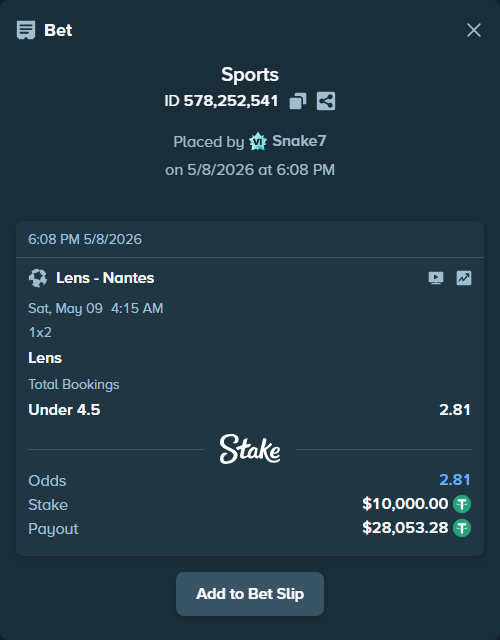 Bet slip: Lens - Nantes, $10,000.00 stake at 1.50 odds, placed by Snake7