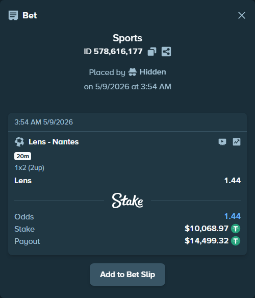 Bet slip: Lens - Nantes, $10,068.97 stake at 1.44 odds, placed by Hidden