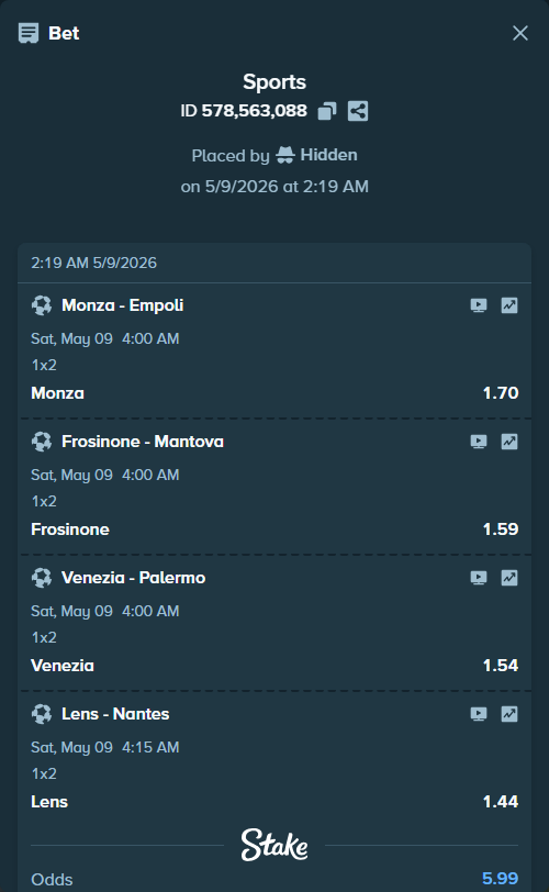 Bet slip: Lens - Nantes, $12,152.28 stake at 1.44 odds, placed by Hidden