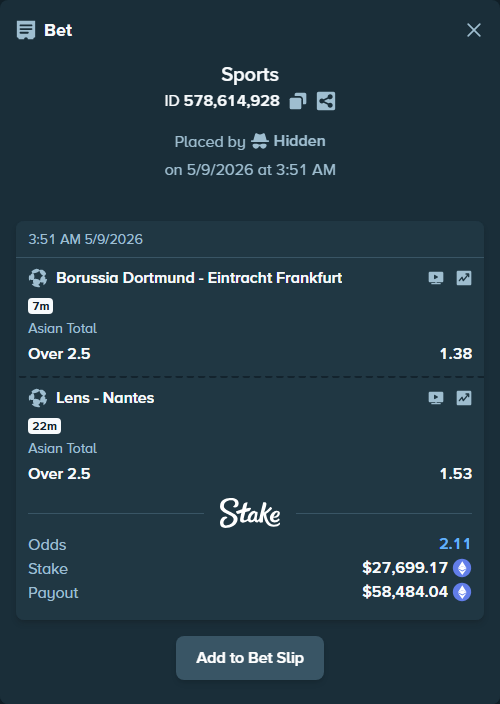Bet slip: Lens - Nantes, $20,759.10 stake at 1.53 odds, placed by Hidden