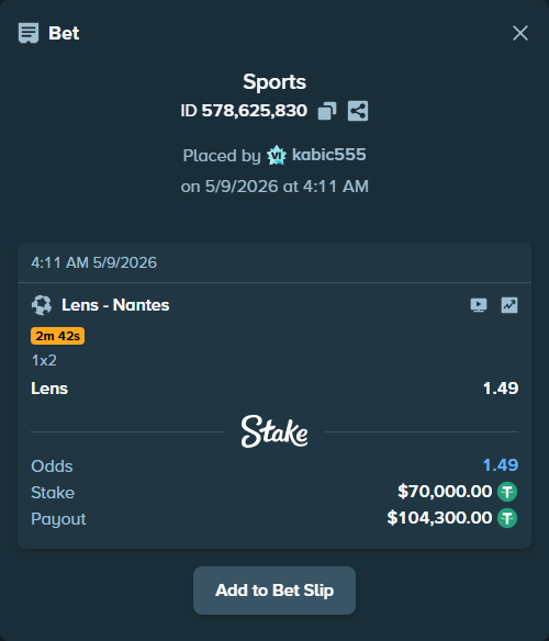 Bet slip: Lens - Nantes, $70,000.00 stake at 1.49 odds, placed by kabic555