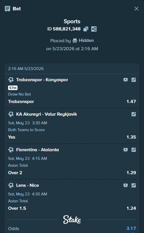 Bet slip: Lens - Nice, $10,013.00 stake at 1.24 odds, placed by Hidden