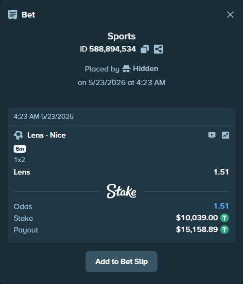 Bet slip: Lens - Nice, $10,049.04 stake at 1.51 odds, placed by Hidden