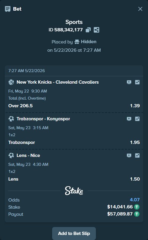 Bet slip: Lens - Nice, $14,055.70 stake at 1.50 odds, placed by Hidden