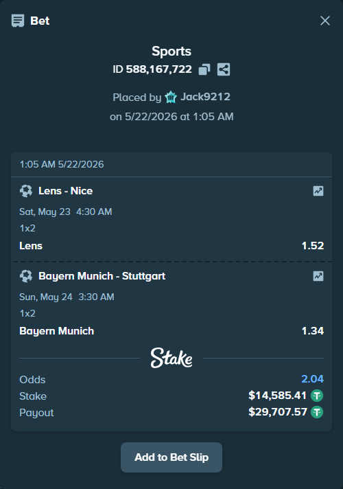 Bet slip: Lens - Nice, $14,600.00 stake at 1.52 odds, placed by Jack9212