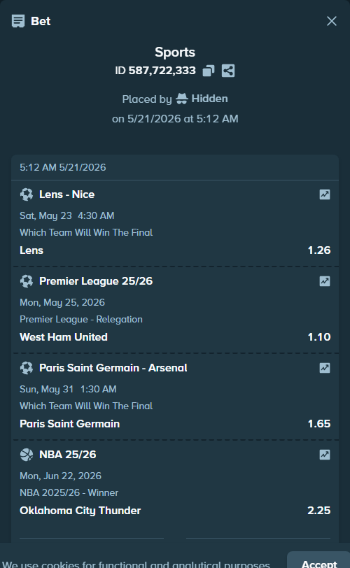 Bet slip: Lens - Nice, $176,300.00 stake at 1.26 odds, placed by Hidden