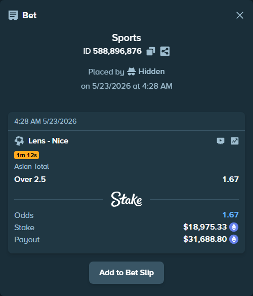 Bet slip: Lens - Nice, $15,608.88 stake at 1.67 odds, placed by Hidden