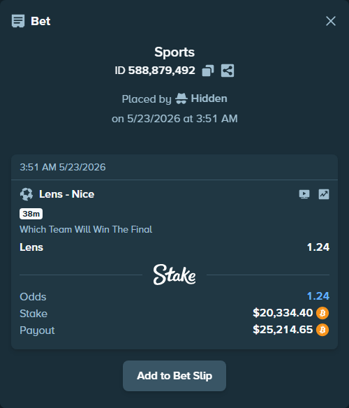 Bet slip: Lens - Nice, $17,057.77 stake at 1.24 odds, placed by Hidden