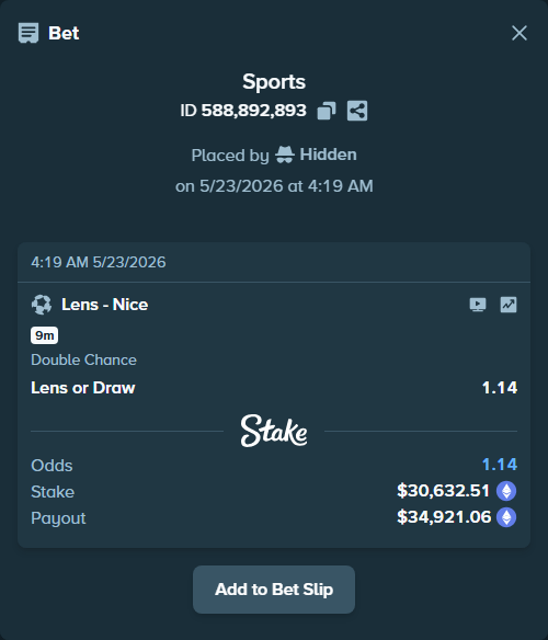 Bet slip: Lens - Nice, $25,197.94 stake at 1.14 odds, placed by Hidden