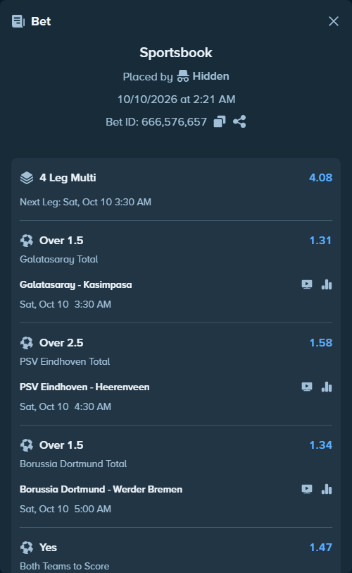 Bet slip: Lens - Olympique Lyonnais, $110,282.17 stake at 1.47 odds, placed by Hidden