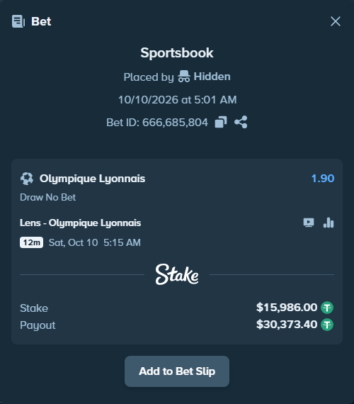 Bet slip: Lens - Olympique Lyonnais, $16,001.99 stake at 1.90 odds, placed by Othmane2kiks