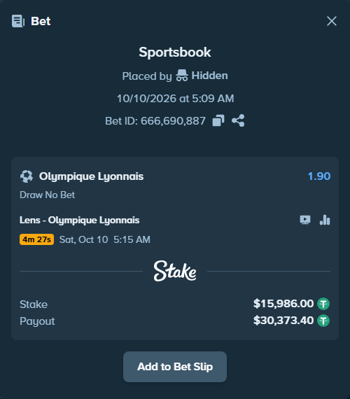 Bet slip: Lens - Olympique Lyonnais, $16,001.99 stake at 1.90 odds, placed by Othmane2kiks