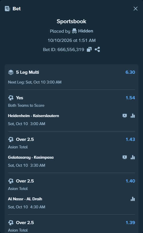 Bet slip: Lens - Olympique Lyonnais, $84,874.52 stake at 1.47 odds, placed by Hidden