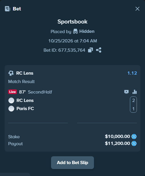 Bet slip: Lens - Paris FC, $10,000.00 stake at 1.12 odds, placed by Charskjerdal