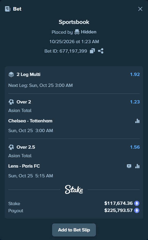 Bet slip: Lens - Paris FC, $117,345.59 stake at 1.56 odds, placed by Hidden