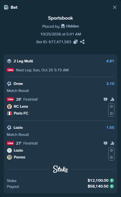 Bet slip: Lens - Paris FC, $12,112.10 stake at 3.10 odds, placed by Amineelantari