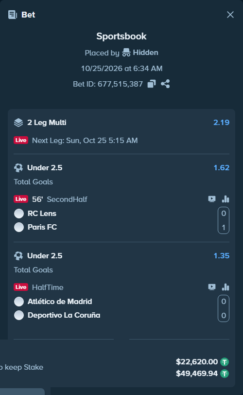 Bet slip: Lens - Paris FC, $22,642.62 stake at 1.62 odds, placed by Hidden